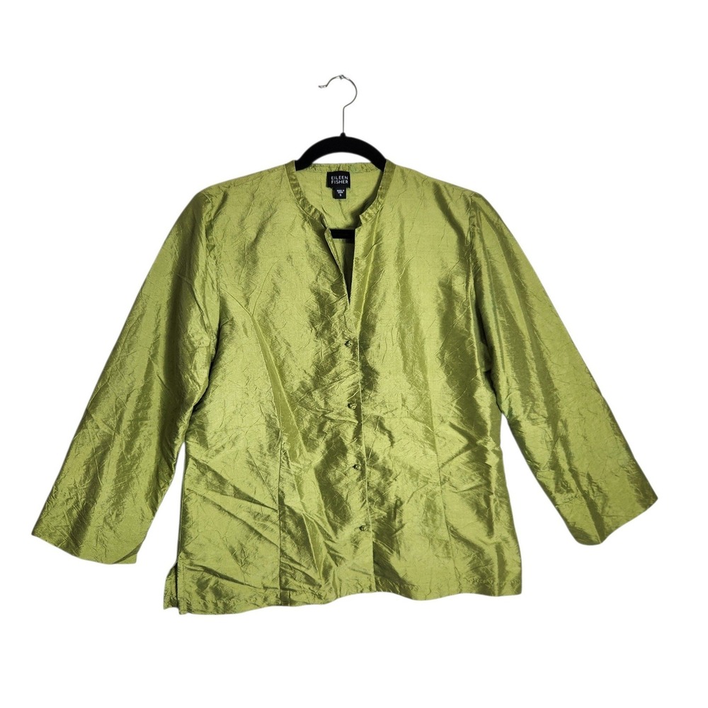 Eileen Fisher Womens Small Green 100% Silk Button front Blouse Top